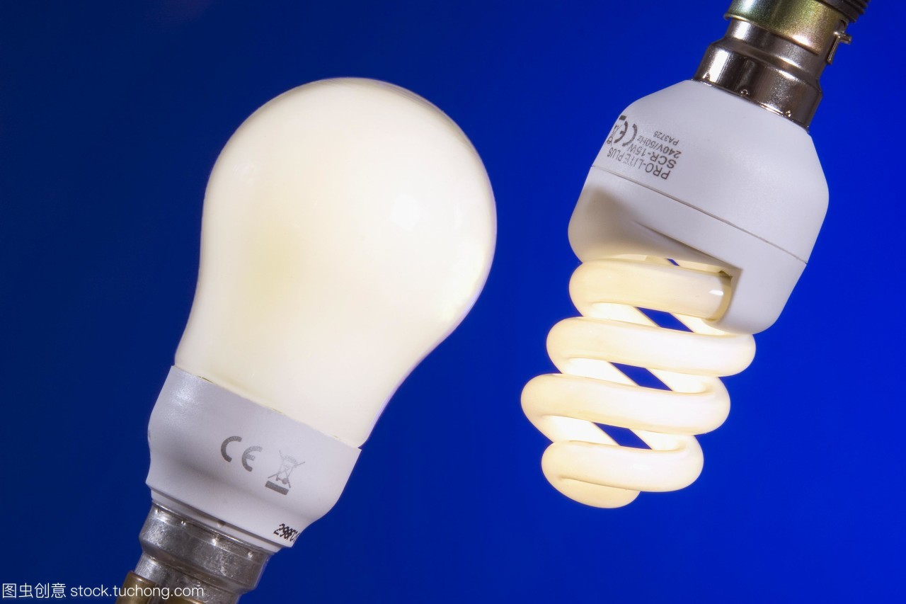 節能燈泡。兩種不同類型的緊湊型熒光燈cfl或節能燈泡,包括螺旋型左和圓形右。螺旋型為11瓦,相當于60瓦白熾燈。圓型為15瓦,相當于75瓦白熾燈。熒光燈泡比燈絲燈泡產生的熱量要少,因此更多的電能轉化為光,使它們更有效率。